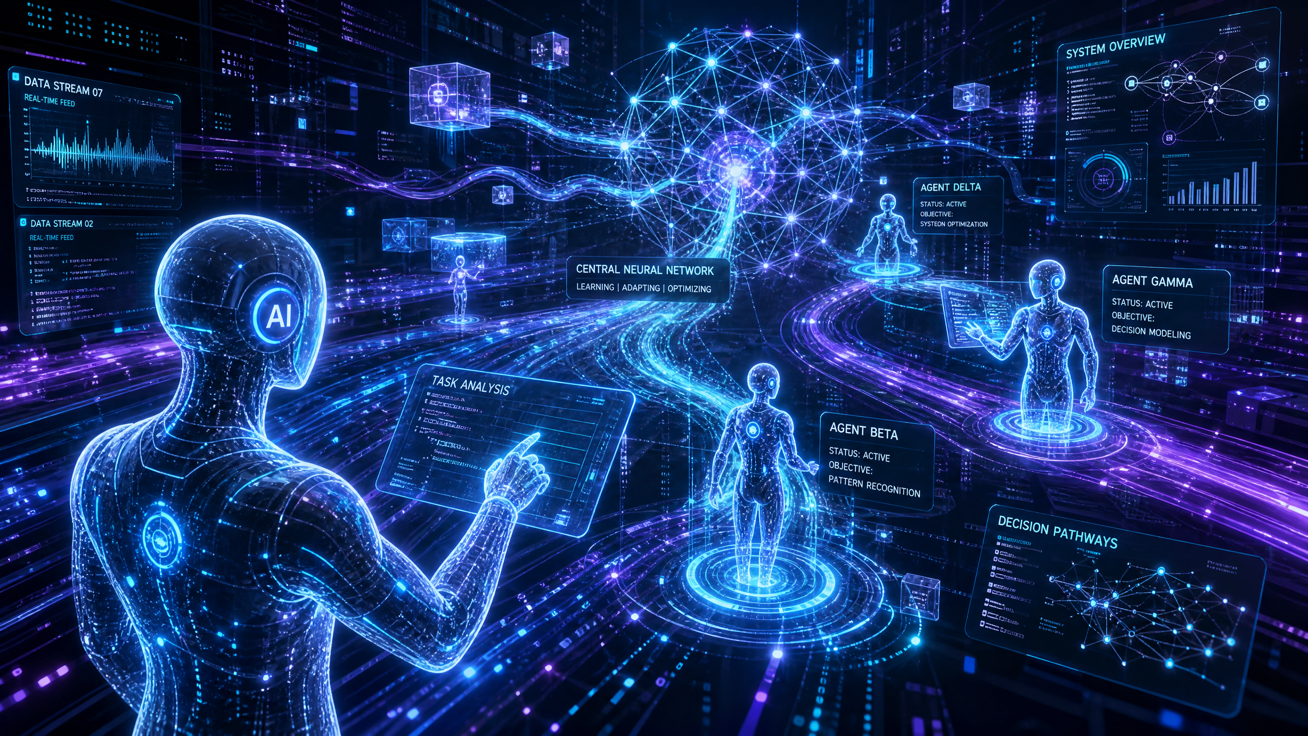 Image illustrating autonomous AI agents working in a complex digital environment
