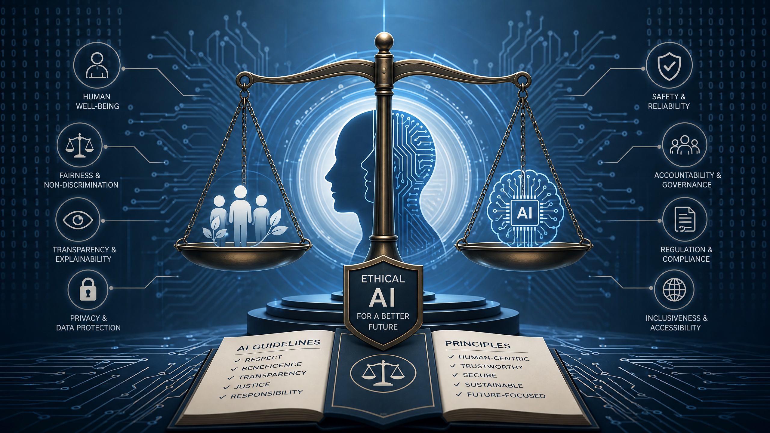 A stylized image representing ethical AI guidelines and regulations, with symbols of justice and technology
