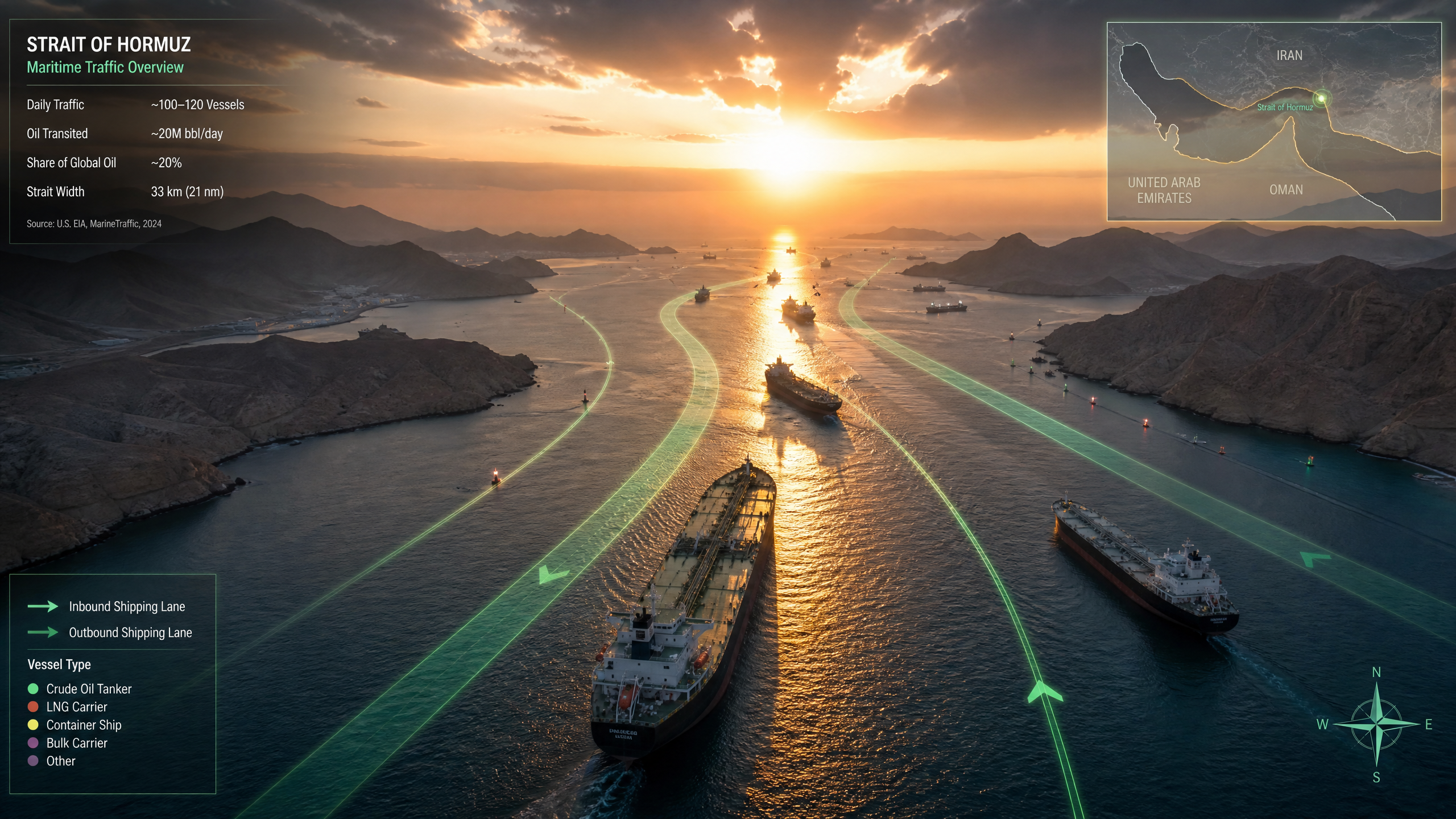 Image of the Strait of Hormuz with shipping lanes highlighted