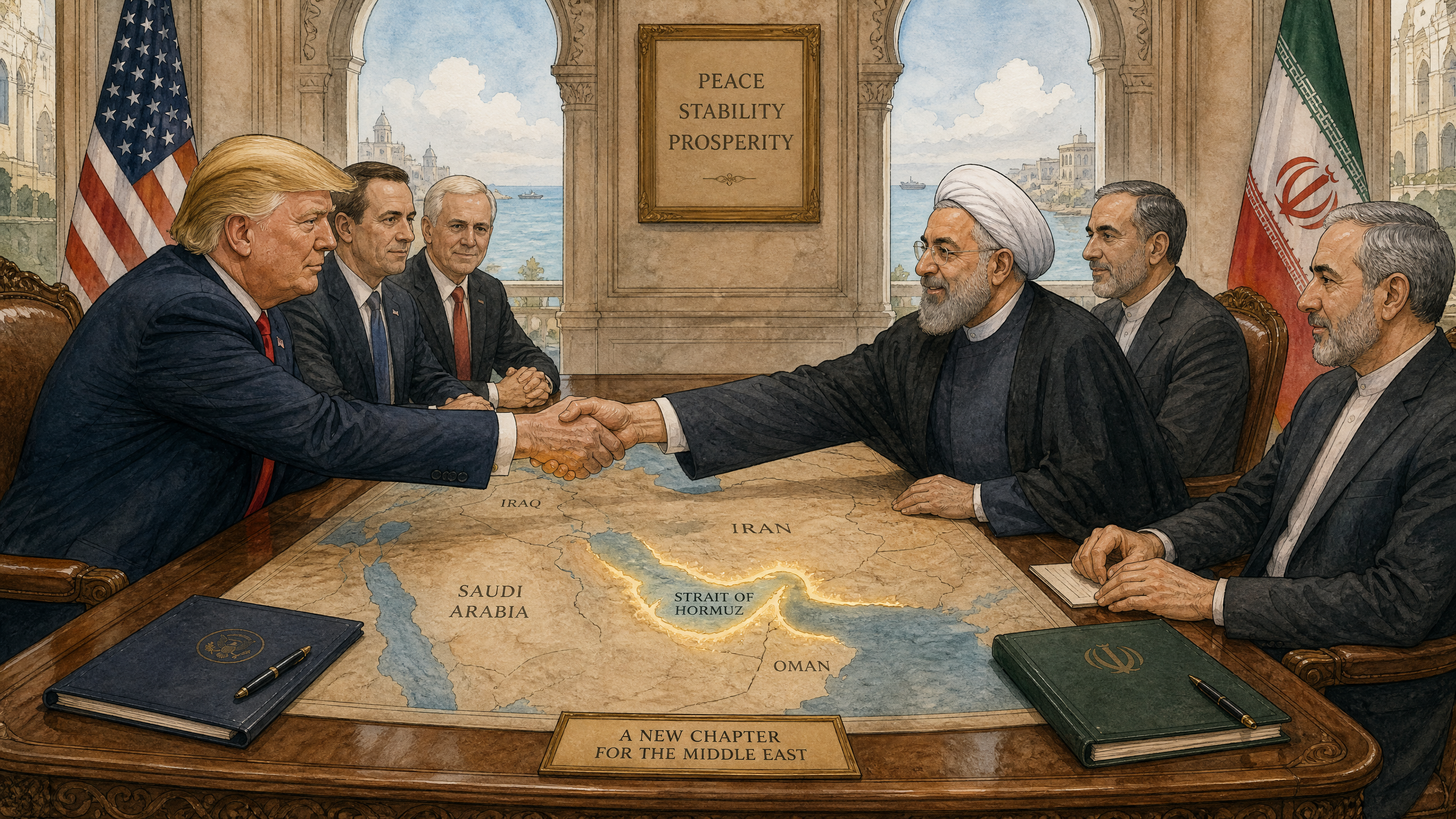 A political cartoon depicting President Trump and Iranian leaders shaking hands over a map of the Middle East