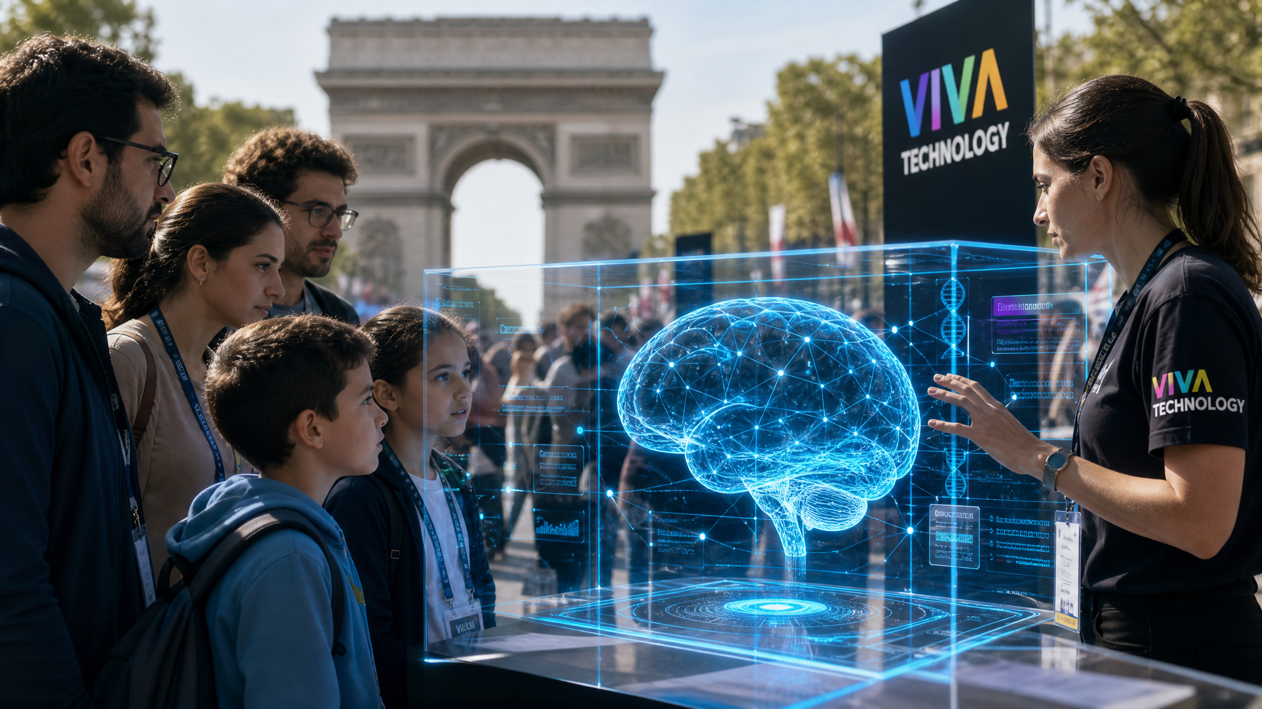 A close-up of an interactive AI exhibit, with people engaging with a holographic display
