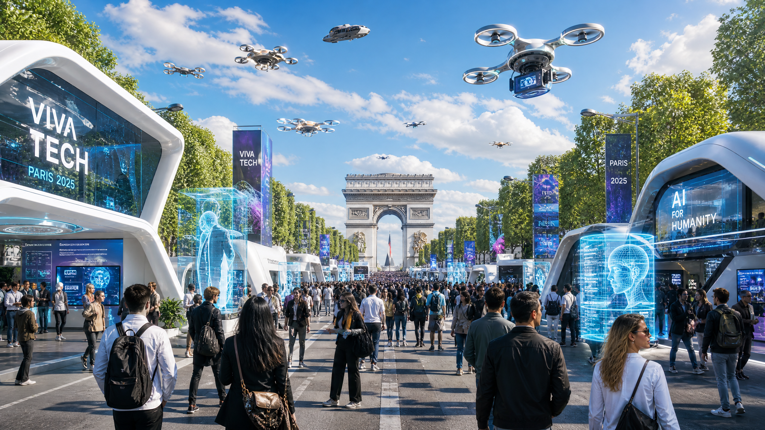 Image of the Champs-Élysées filled with tech exhibits and crowds