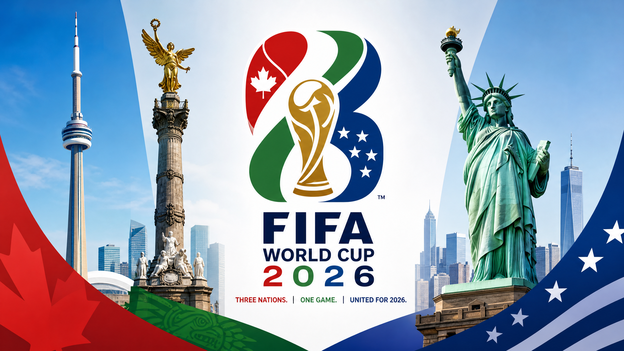 World Cup 2026 official logo with host cities in the background